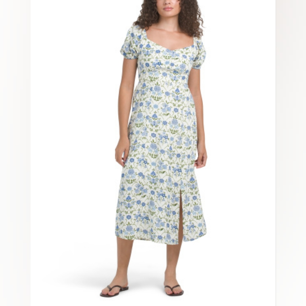 NWT - Linen Blend JAPNA Blue Floral Puff Sleeve Smocked Back Midi Dress - L